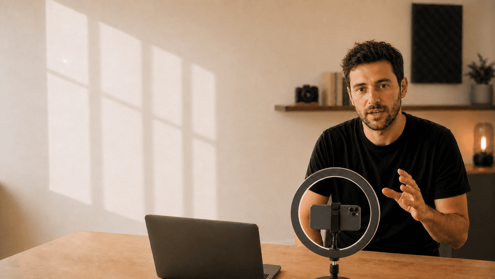 Creator preparing to record with a laptop and phone teleprompter