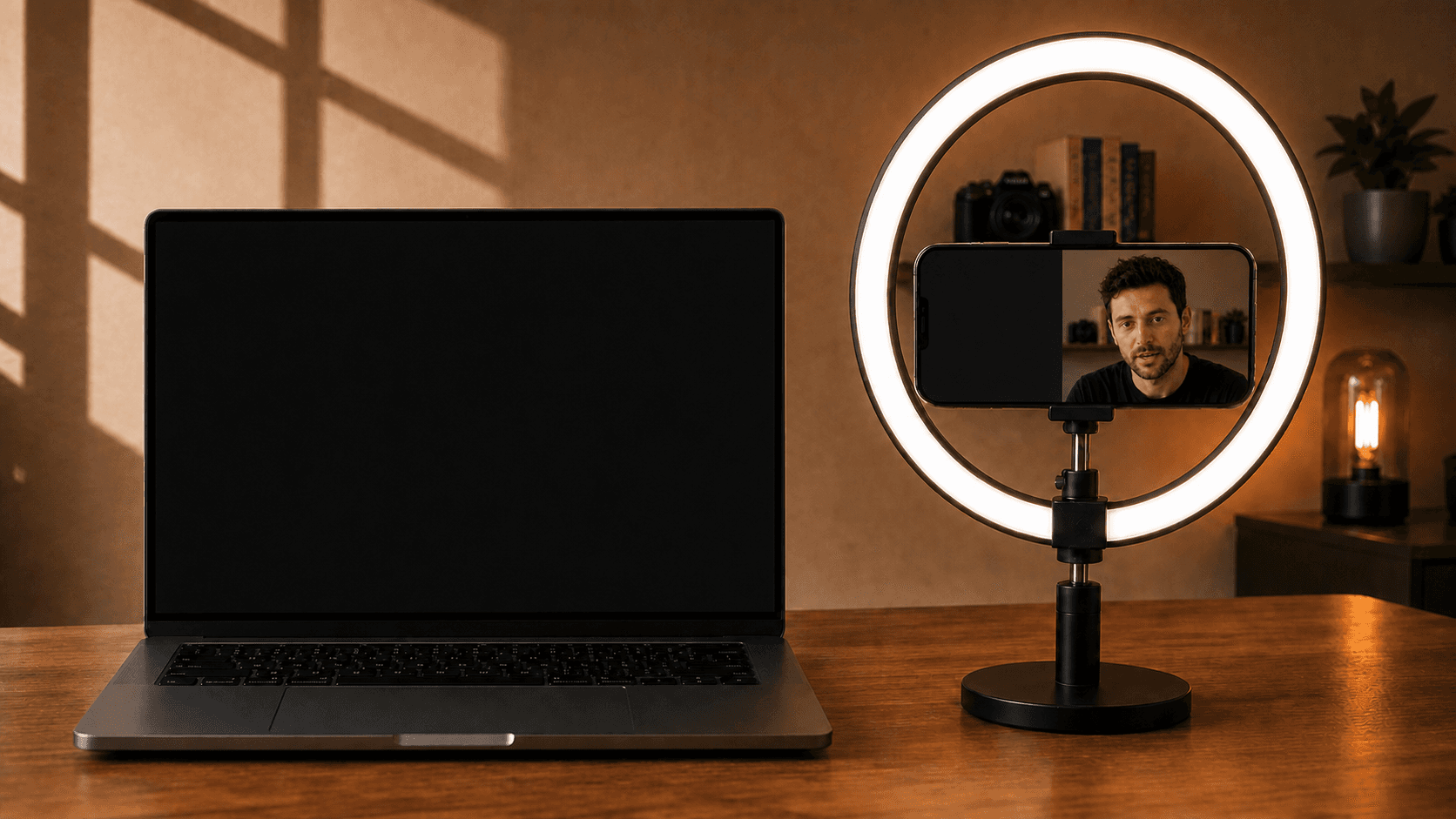 Laptop and phone connected for phone teleprompter recording