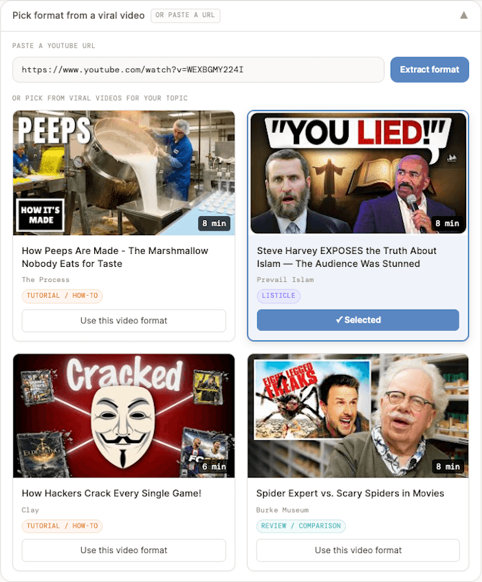 PrepVid format selection, pick your structure from viral reference videos