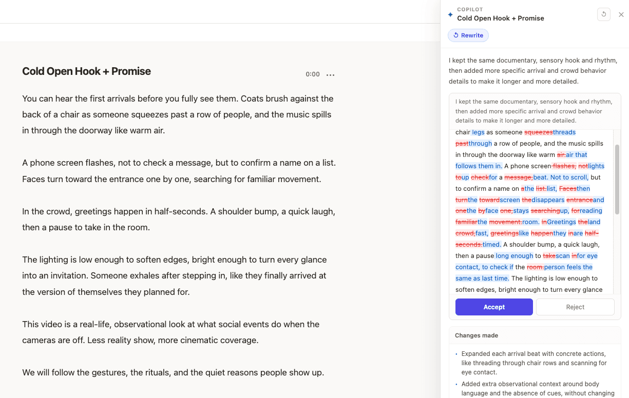 PrepVid rewrite copilot, inline suggestions alongside your script